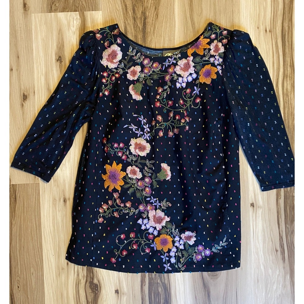 One September Anthropologie Floral Embroidered Top Navy‎ Blue XS Boho